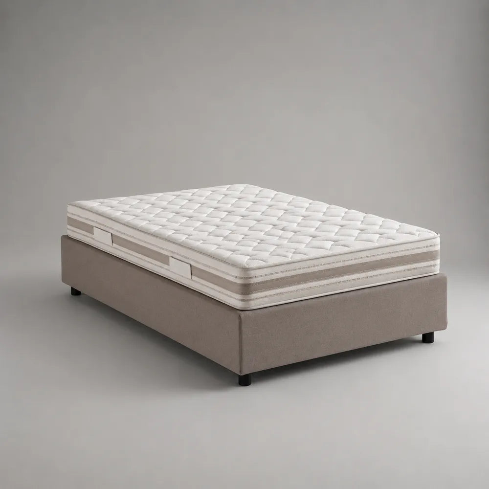 Letto contenitore matrimoniale 160x200 cm con materasso imbottito e struttura in tessuto beige