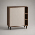 Credenza da soggiorno con ante e ripiani aperti in MDF effetto noce con frontali beige 140x40x120 cm