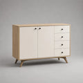 Credenza da sala con ante e cassetti in MDF effetto rovere chiaro e bianco 160 x 40 x 80 cm