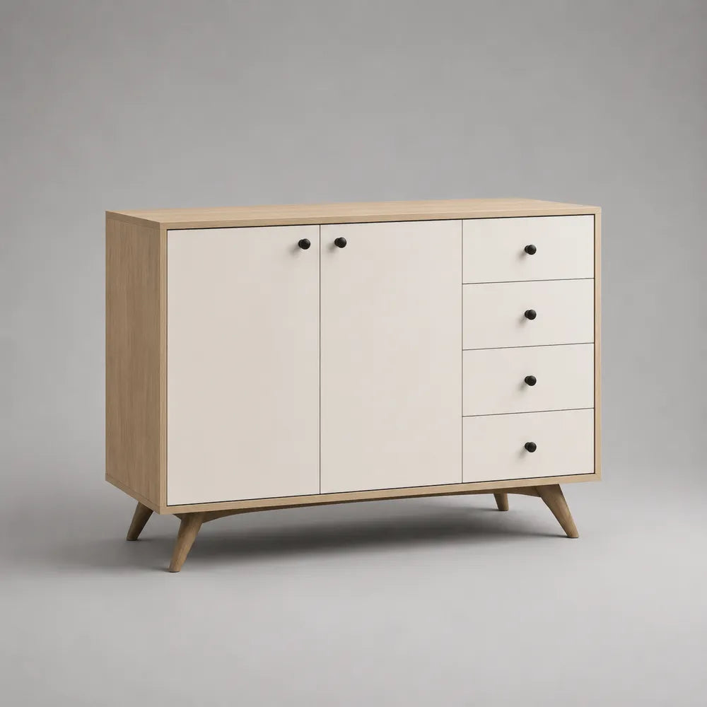 Credenza da sala con ante e cassetti in MDF effetto rovere chiaro e bianco 160 x 40 x 80 cm
