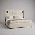 Letto contenitore matrimoniale imbottito in tessuto poliestere beige 160 x 200 cm con testiera alta e luci integrate