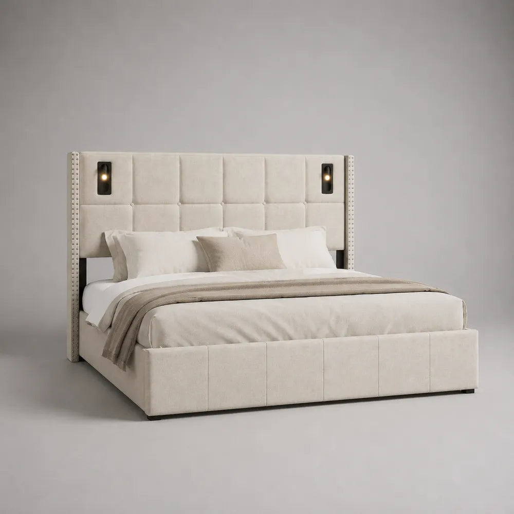 Letto contenitore matrimoniale imbottito in tessuto poliestere beige 160 x 200 cm con testiera alta e luci integrate