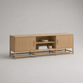 Mobile TV rettangolare 200x40x55 cm in MDF effetto rovere beige con 2 ante scanalate e ripiani aperti
