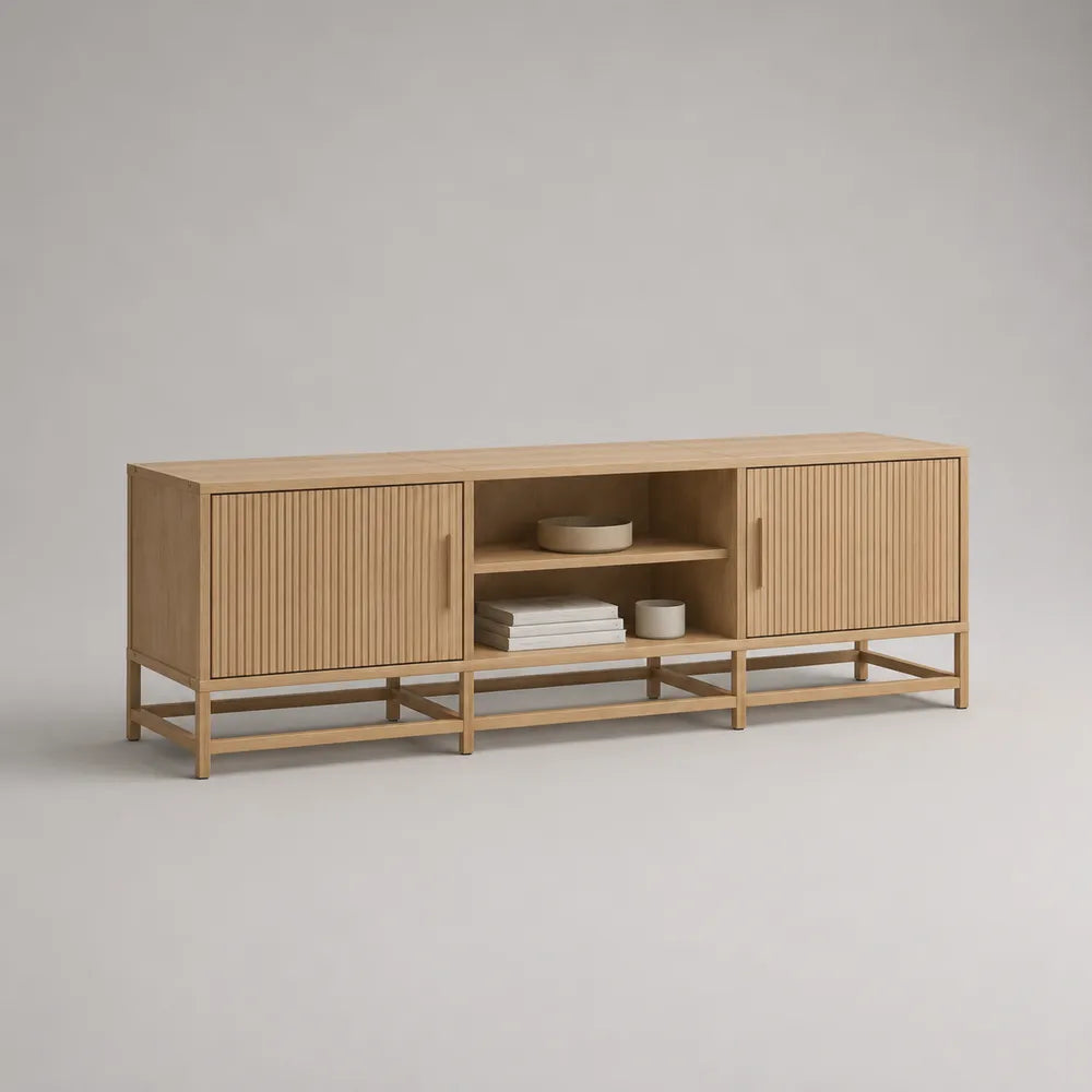 Mobile TV rettangolare 200x40x55 cm in MDF effetto rovere beige con 2 ante scanalate e ripiani aperti