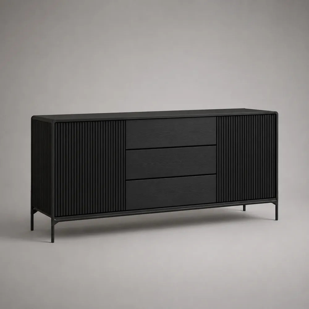 Credenza da sala con ante e cassetti in MDF nero con gambe in acciaio 180 x 40 x 75 cm