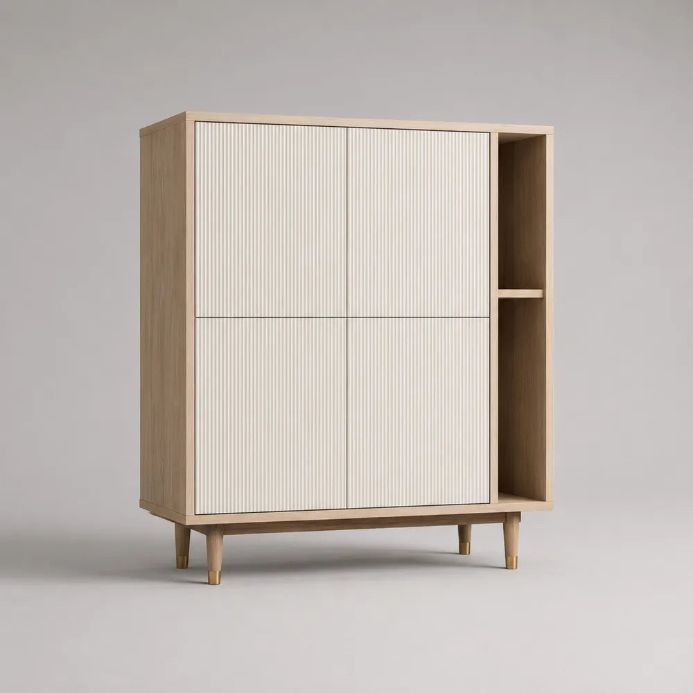 Credenza da soggiorno con 4 ante e vano aperto in MDF effetto rovere con ante bianche scanalate 160x40x90 cm
