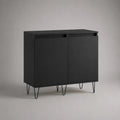 Credenza da sala in MDF nero con ante battenti e gambe in acciaio nero 140 x 40 x 85 cm