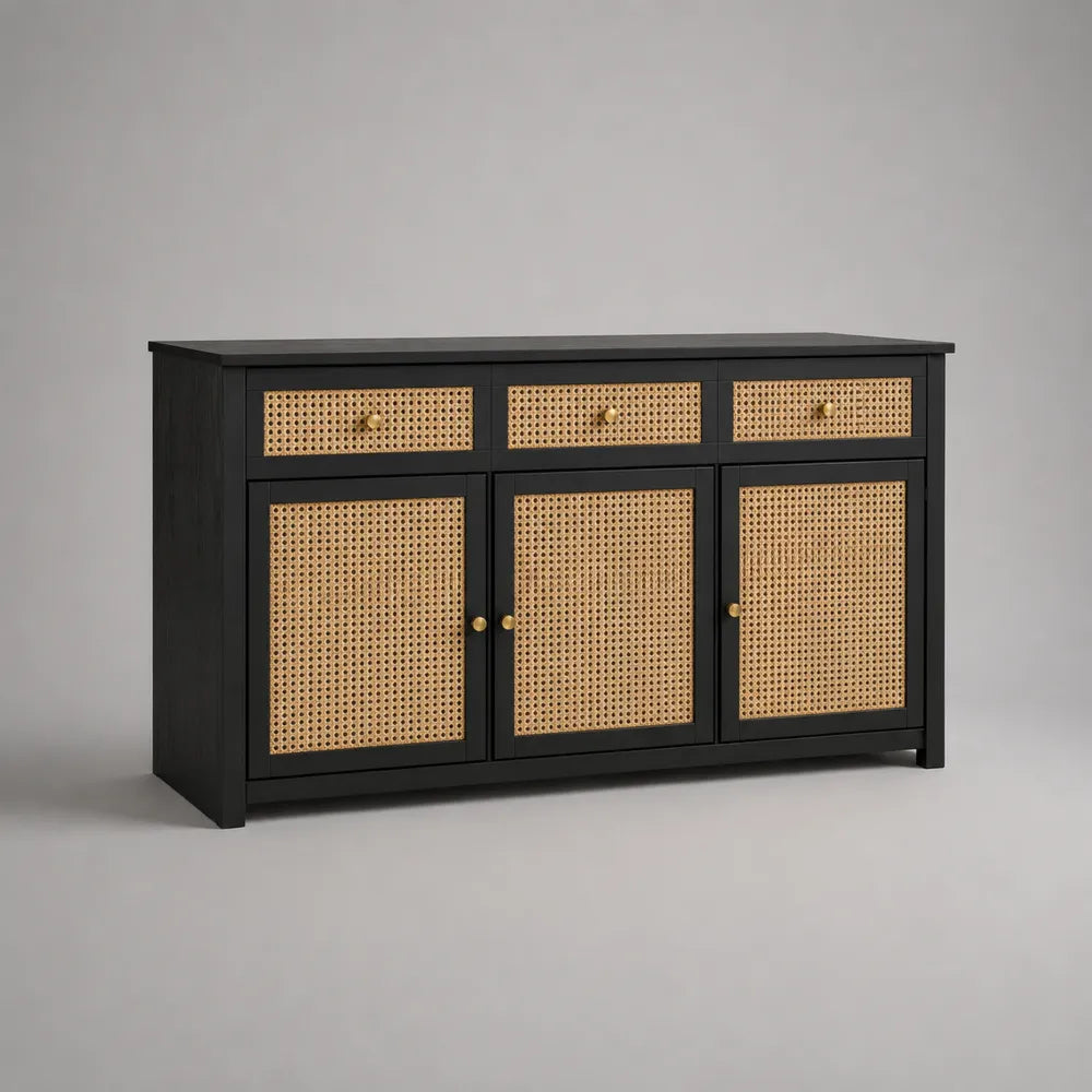 Credenza da soggiorno con 3 ante e 3 cassetti con frontali effetto rattan e struttura nera 180x40x80 cm