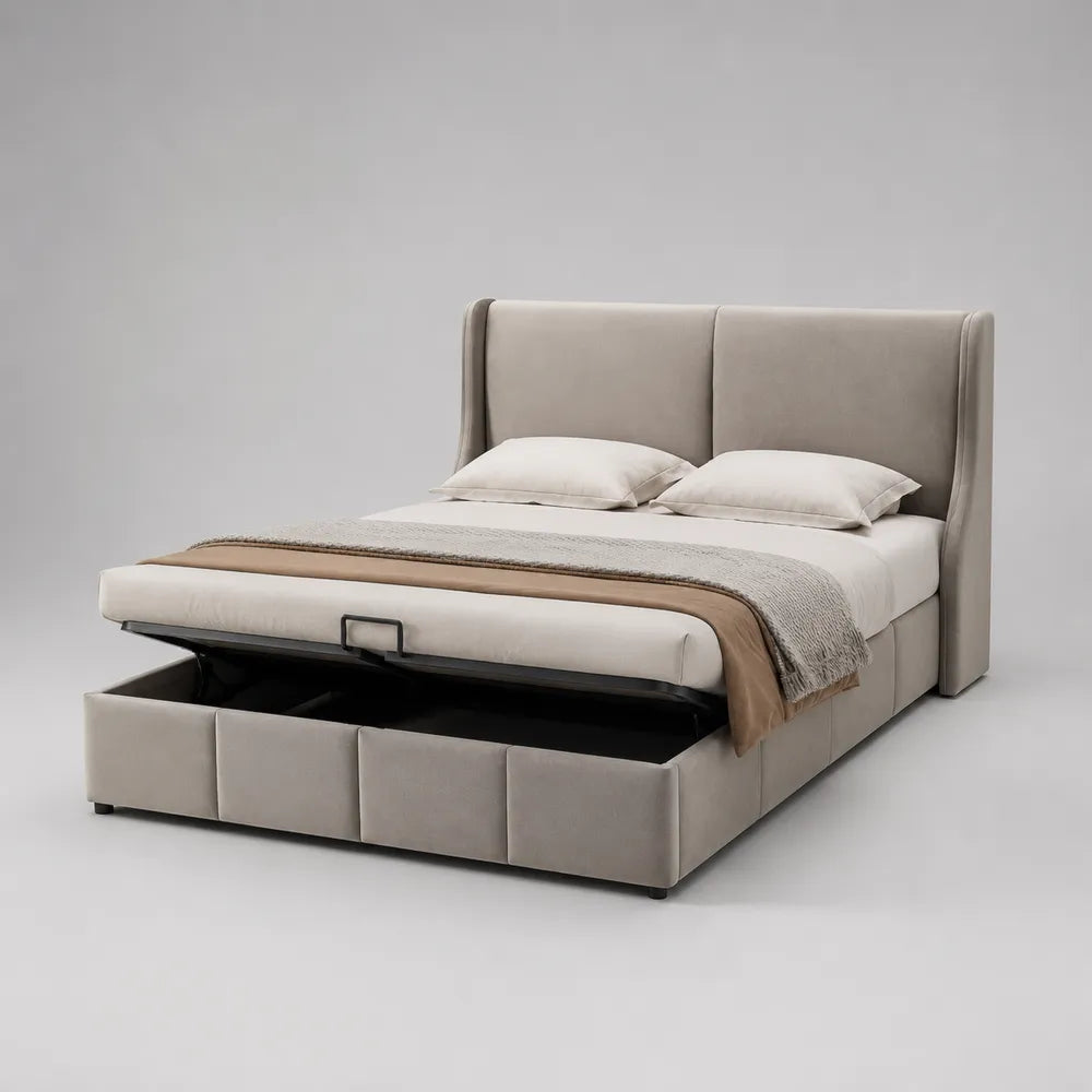 Letto contenitore matrimoniale imbottito con testiera in tessuto poliestere beige 160 x 200 cm