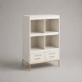 Credenza alta rettangolare in MDF bianco con gambe in acciaio dorato 2 cassetti 4 vani aperti 90 x 40 x 120 cm