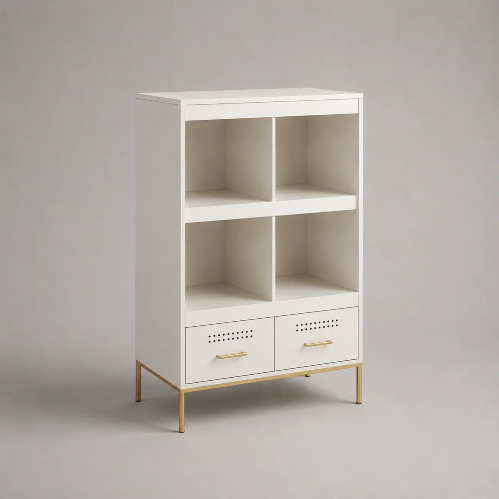 Credenza alta rettangolare in MDF bianco con gambe in acciaio dorato 2 cassetti 4 vani aperti 90 x 40 x 120 cm