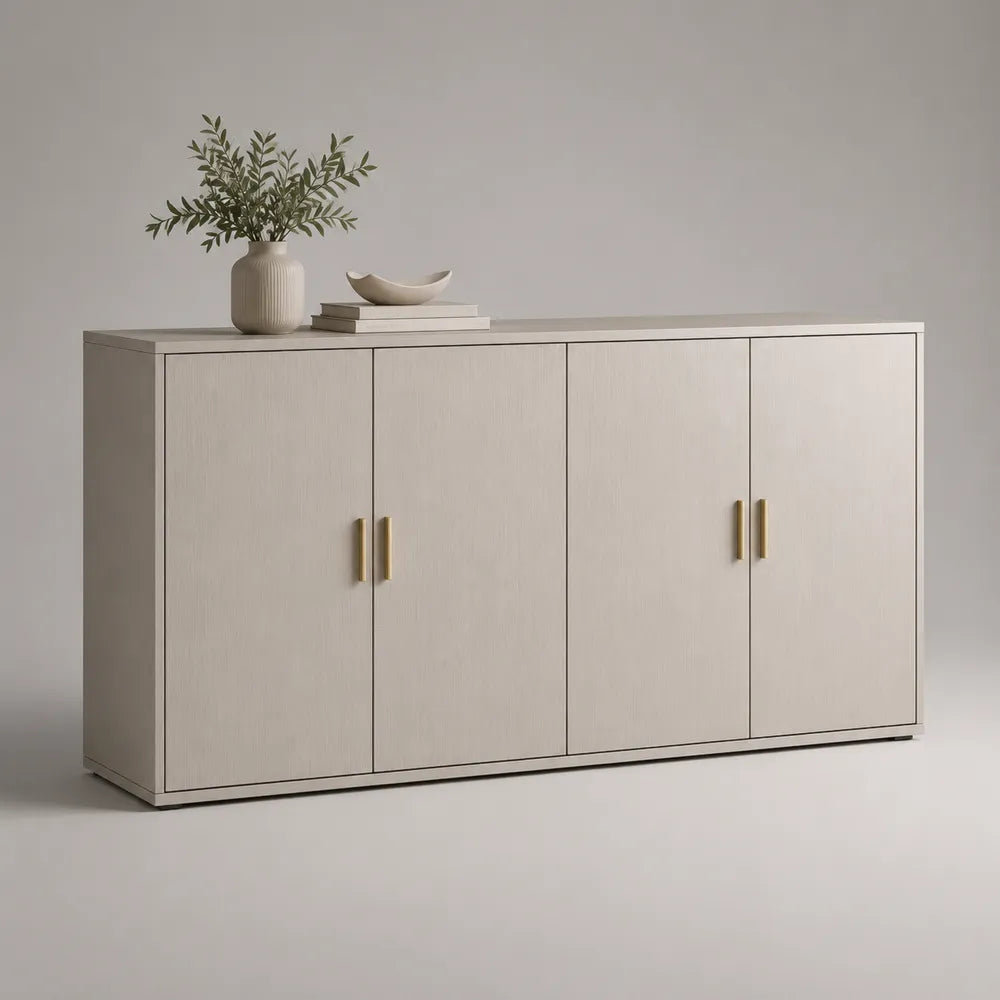 Credenza da sala da pranzo in MDF beige con 4 ante maniglie dorate 220x45x80 cm
