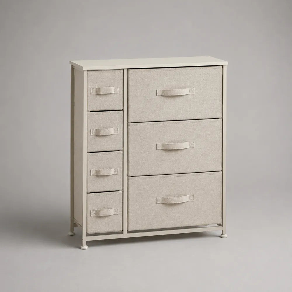 Credenza con cassetti in tessuto poliestere e struttura in acciaio bianco 80x30x85 cm forma rettangolare