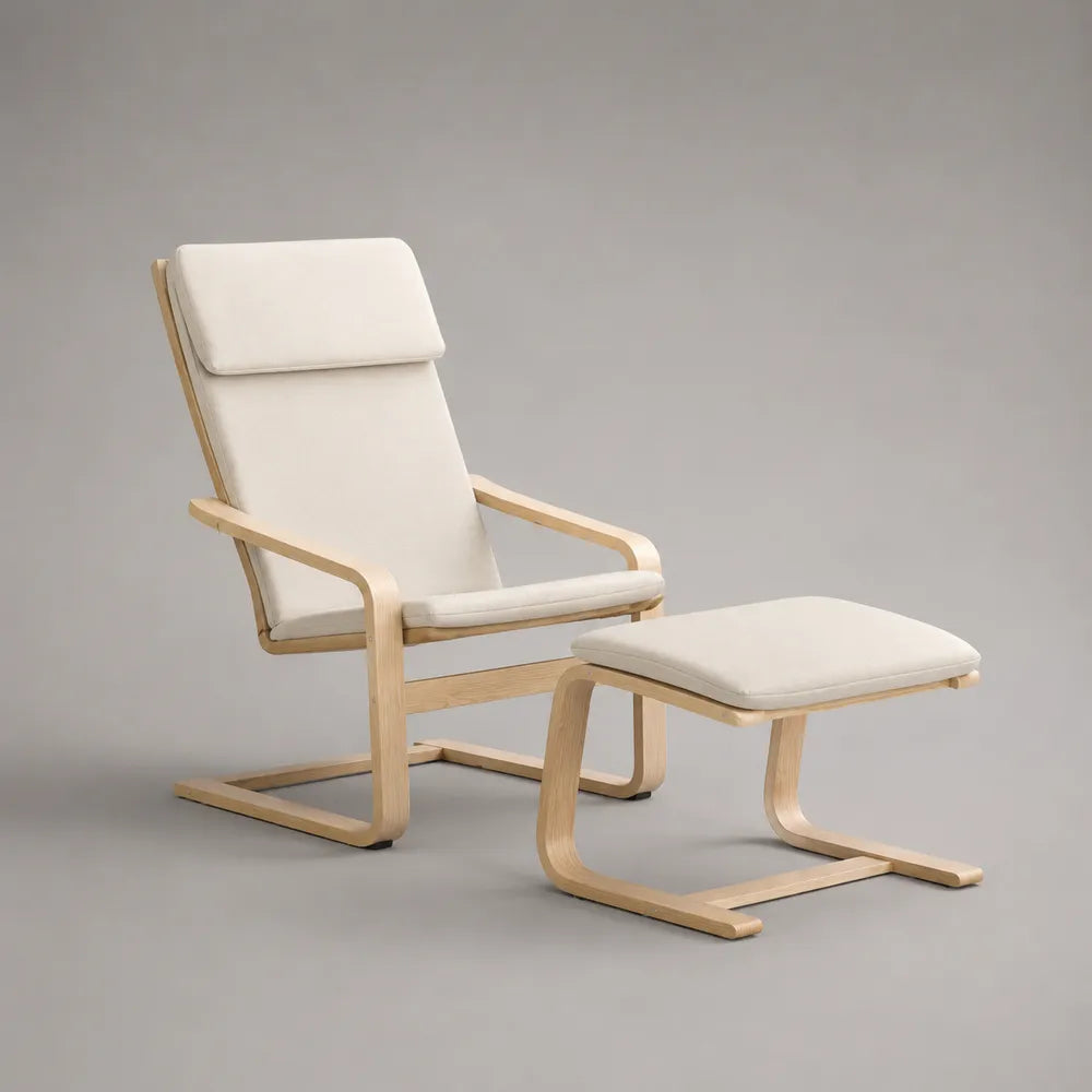 Poltrona relax con poggiapiedi in tessuto poliestere e struttura in legno curvato beige 75x85x95 cm