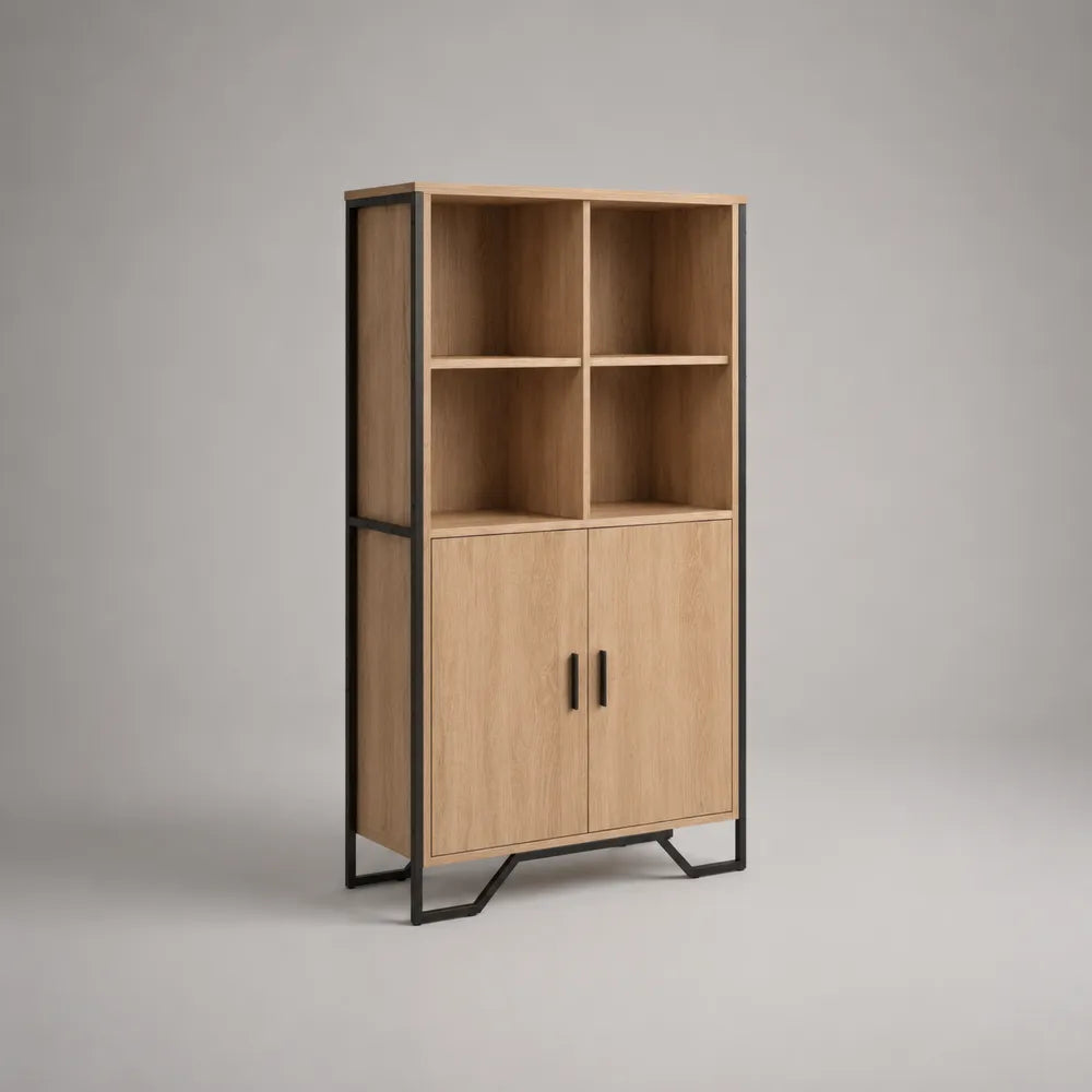 Credenza alta da sala in MDF effetto rovere chiaro con ante e ripiani aperti e struttura in acciaio nero 90 x 40 x 180 cm