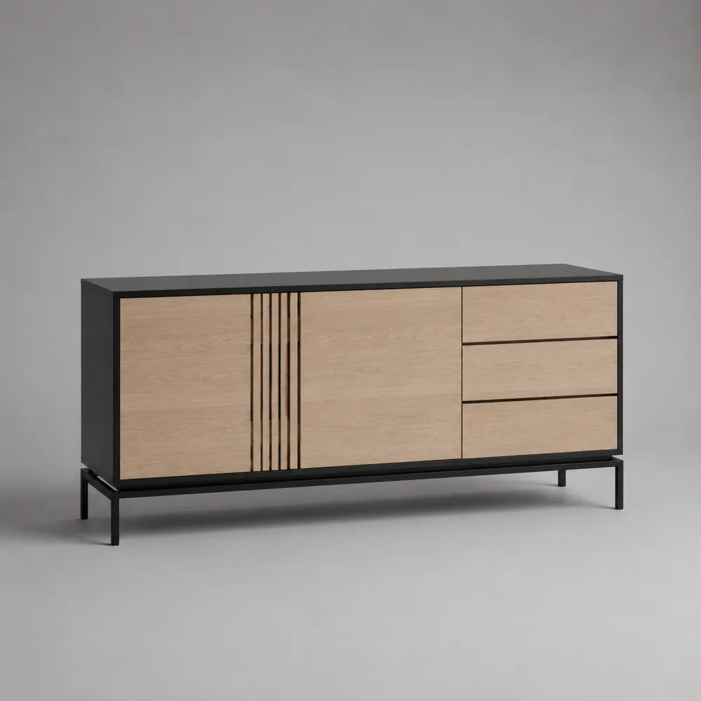 Credenza rettangolare in MDF effetto rovere con struttura nera in acciaio 3 ante 3 cassetti 180 x 40 x 80 cm