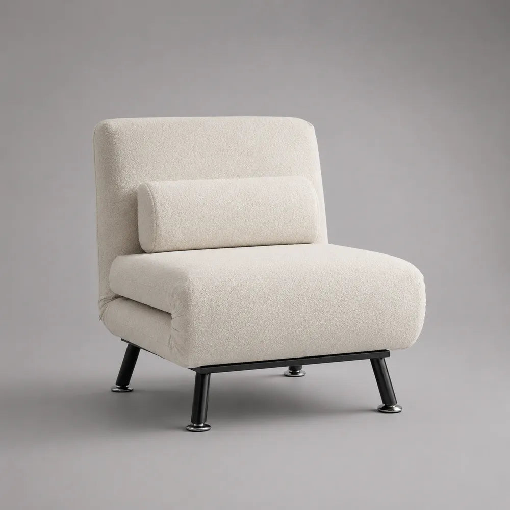 Poltrona imbottita con rivestimento in tessuto bouclé beige e gambe in acciaio nero 85x85x85 cm