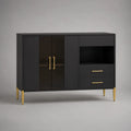 Credenza da sala in MDF nero con ante cassetti e vano aperto con gambe in acciaio dorato 160 x 40 x 85 cm