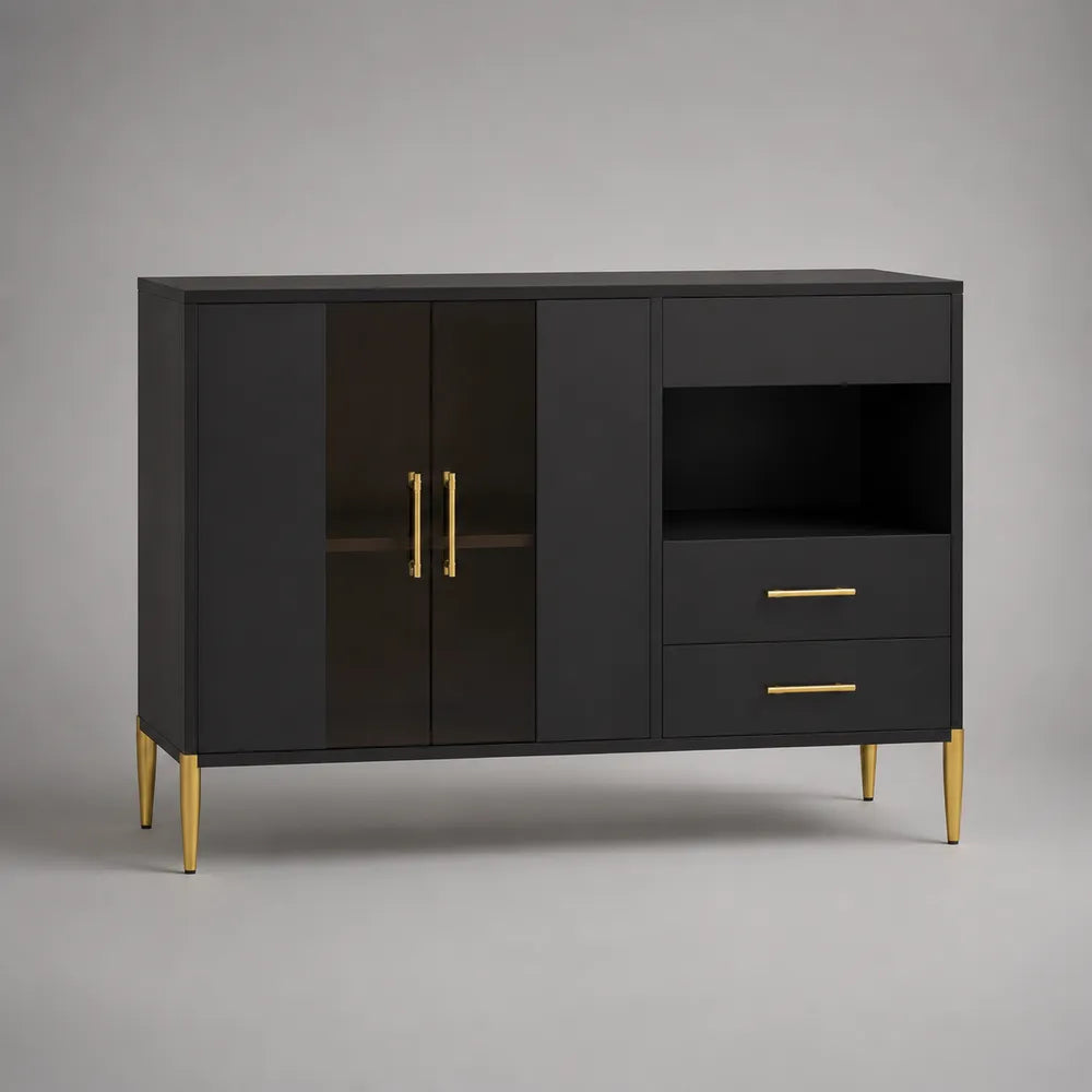 Credenza da sala in MDF nero con ante cassetti e vano aperto con gambe in acciaio dorato 160 x 40 x 85 cm
