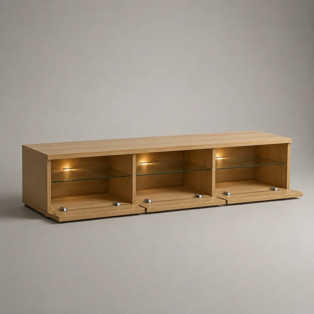 Mobile TV basso rettangolare in MDF effetto rovere chiaro con 3 ante ribaltabili e ripiani in vetro 240x40x50 cm