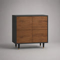 Credenza in MDF nero con ante effetto noce naturale gambe in acciaio nero e oro 120x40x80 cm forma rettangolare