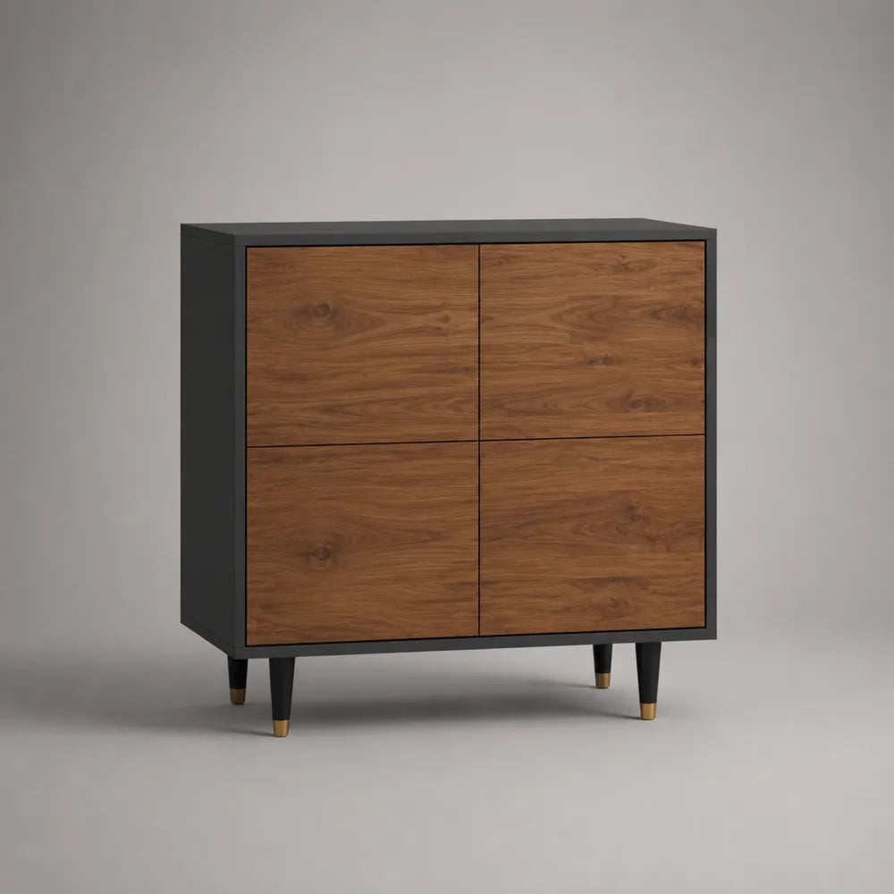 Credenza in MDF nero con ante effetto noce naturale gambe in acciaio nero e oro 120x40x80 cm forma rettangolare