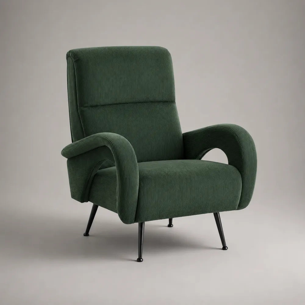 Poltrona imbottita rettangolare 75x85x95 cm in tessuto poliestere verde con braccioli curvi e gambe nere