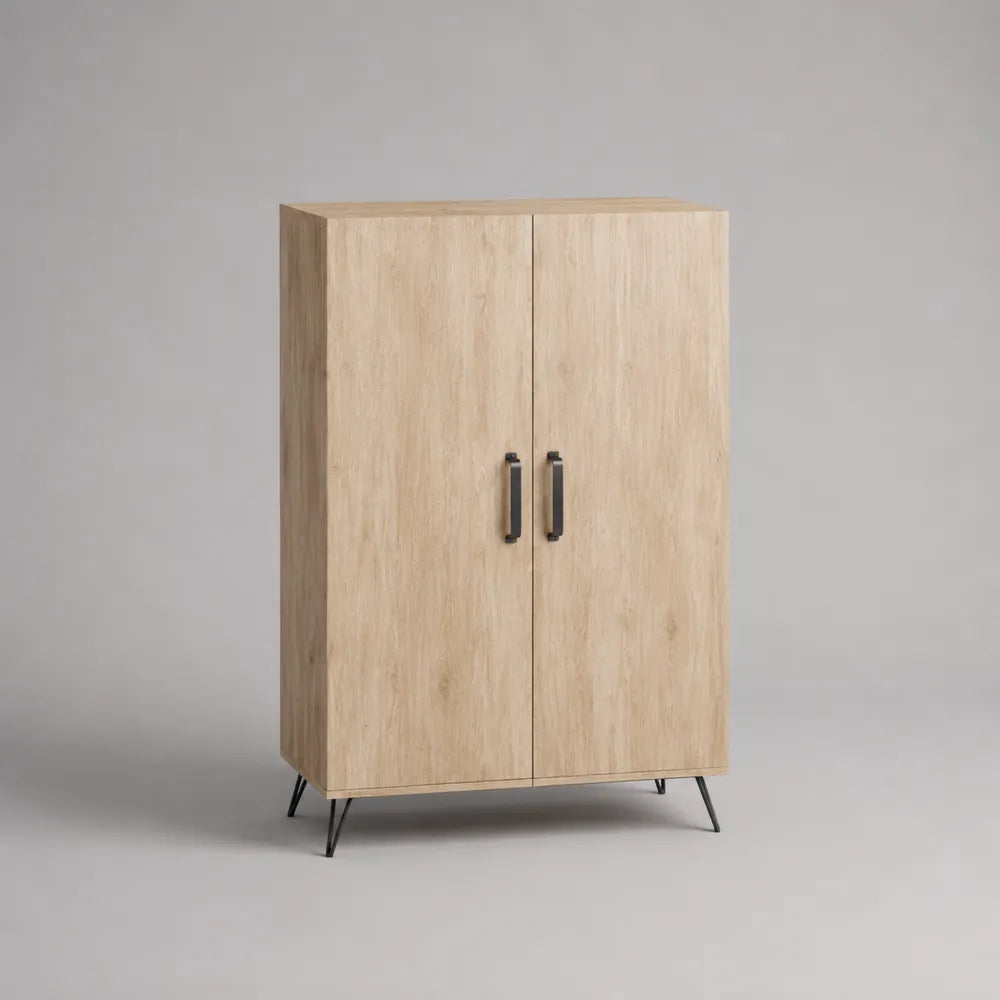 Credenza alta rettangolare in MDF effetto rovere con 2 ante e gambe in acciaio nero 90 x 40 x 120 cm