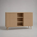 Credenza da sala da pranzo in MDF effetto rovere chiaro con ante scanalate e vani aperti 160x40x85 cm