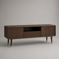 Mobile TV rettangolare 180x40x55 cm in MDF effetto noce marrone con ante scanalate cassetto e gambe in metallo