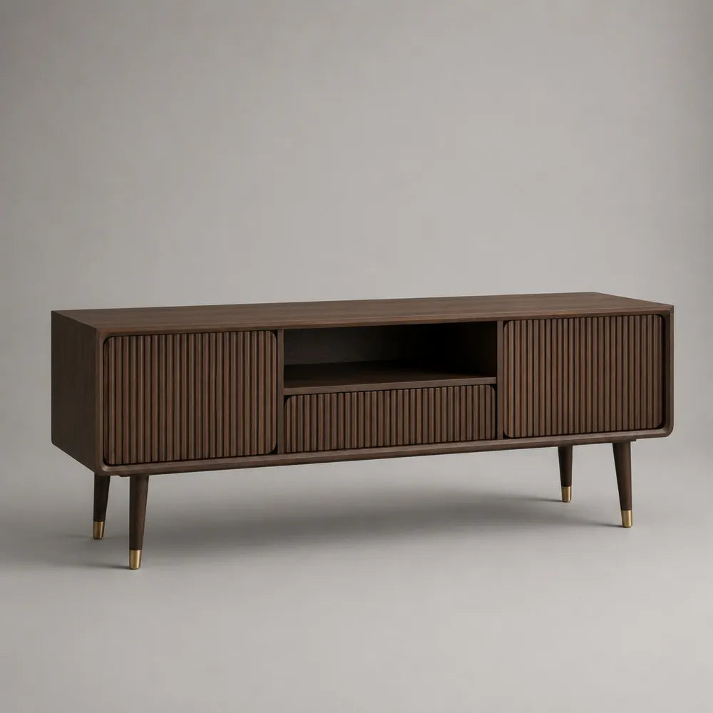 Mobile TV rettangolare 180x40x55 cm in MDF effetto noce marrone con ante scanalate cassetto e gambe in metallo