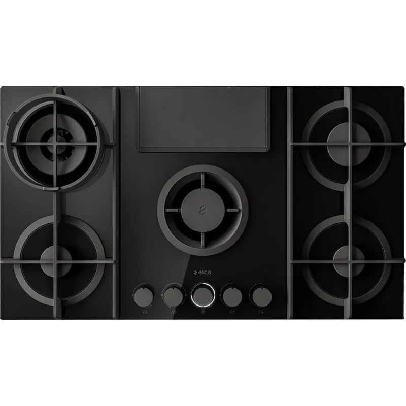Elica modello PRF0147740A, Piano a Gas Vetro finitura nera Cappa Integrata 88cm Versione Aspirante, Nikolatesla Flame BL