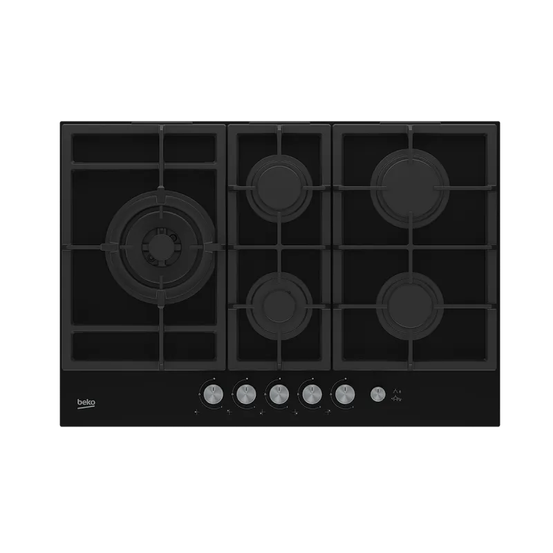 Beko piano cottura, HILL75235S - per installazione a incasso 75 cm 5 Fuochi Gas High Efficiency Vetro finitura nera supporti pentole in ghisa