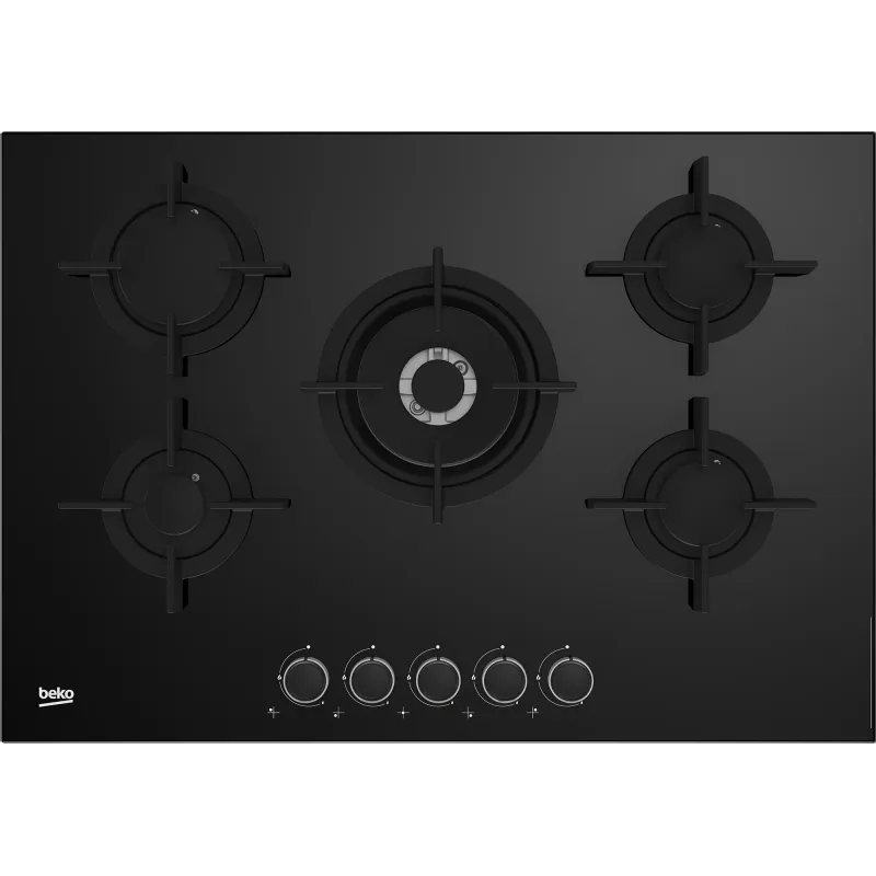 Beko piano cottura a gas, HILW 75222 S / HILW75222S - finitura nera in Cristallo 75 cm 5 Fuochi