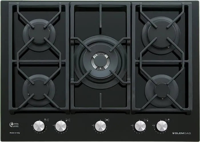 GLEM GAS piano cottura a gas, GV755XBK 5 fuochi 70cm-finitura nera Lucido
