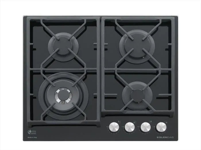 GLEM GAS piano cottura a gas, GV64TXBK 4 zone di cottura 60cm-finitura nera Lucido