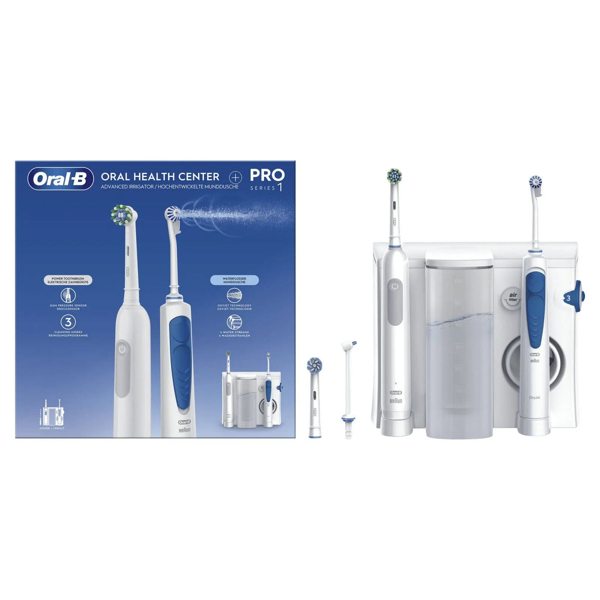 Oral-B idropulsore dentale, Health Center Pro1 e Spazzolino Elettrico Microbollicine Blu finitura bianca