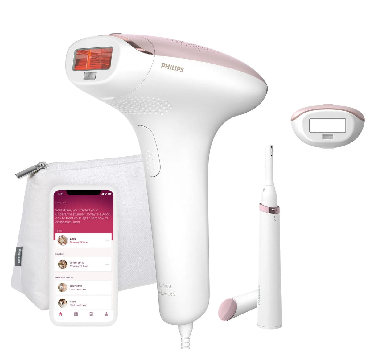 Philips modello BRI92000, Lumea Advanced Epilatore IPL Rosa e finitura bianca per Corpo e Bikini