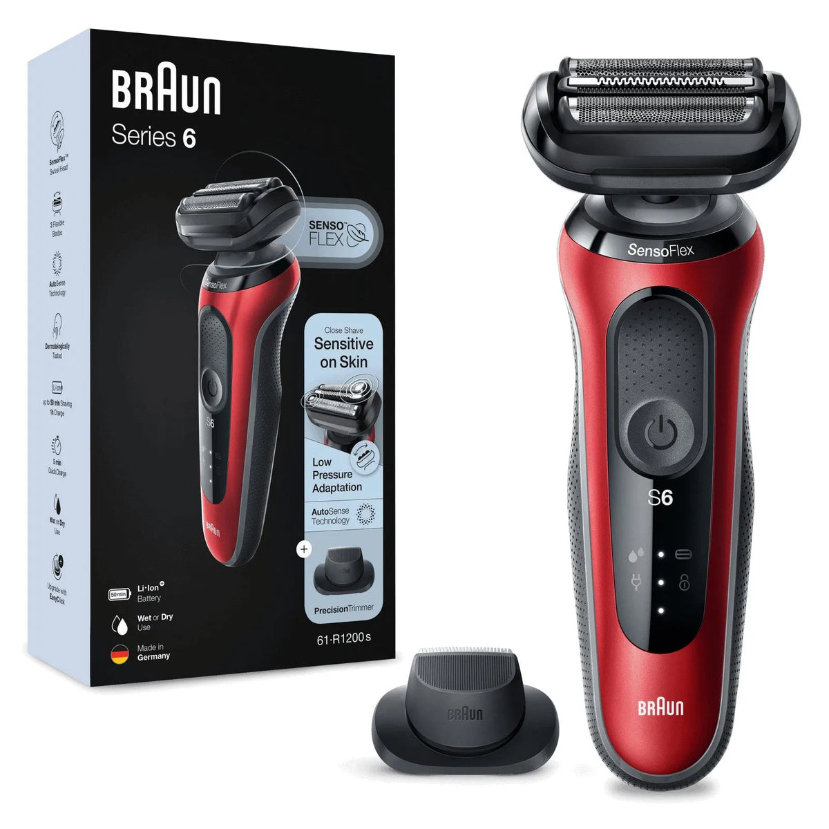 Braun rasoio elettrico, Series 6 61-R1200s Wet&Dry finitura rossa con Rifinitore Precisione